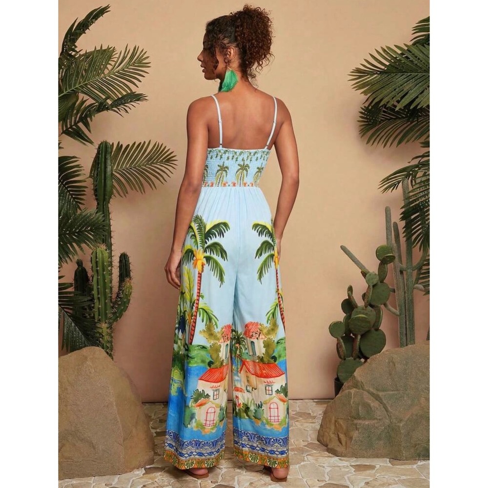 Tropical Palm Tree Villa Print Wide Leg Jumpsuit Blue Large Summer Boho - Picture 2 of 8